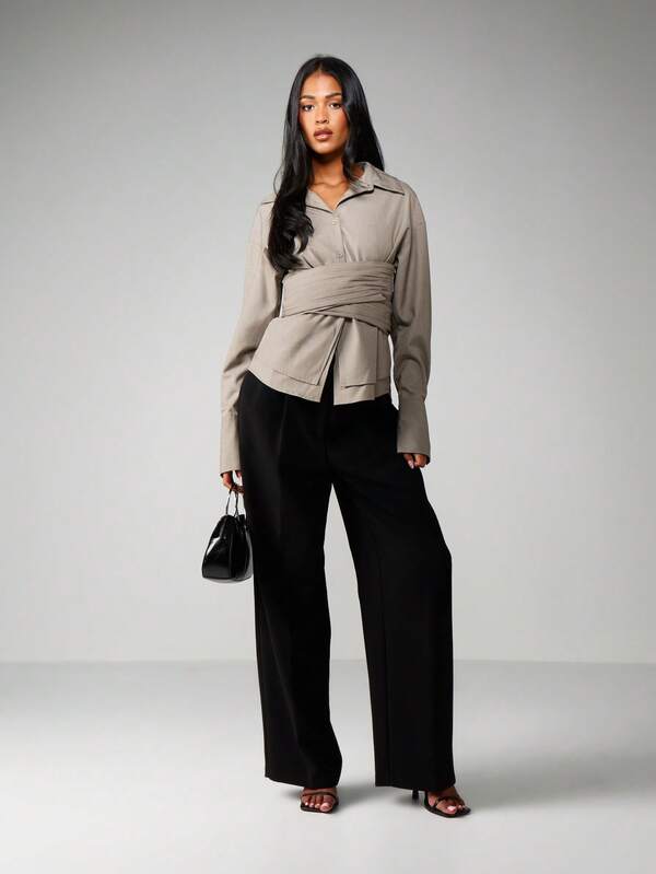 Missguided MISSGUIDED Ruched Cross Over Collared Blouse With Belt