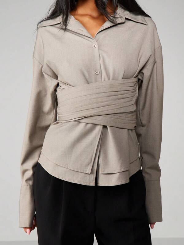 Missguided MISSGUIDED Ruched Cross Over Collared Blouse With Belt