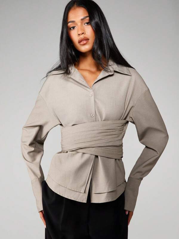 missguided MISSGUIDED Ruched Cross Over Collared Blouse With Belt