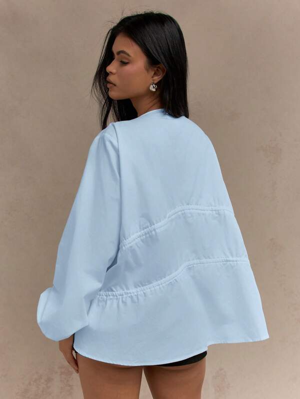 Missguided MISSGUIDED Ruched Front Long Balloon Sleeve Drawstring Blouse