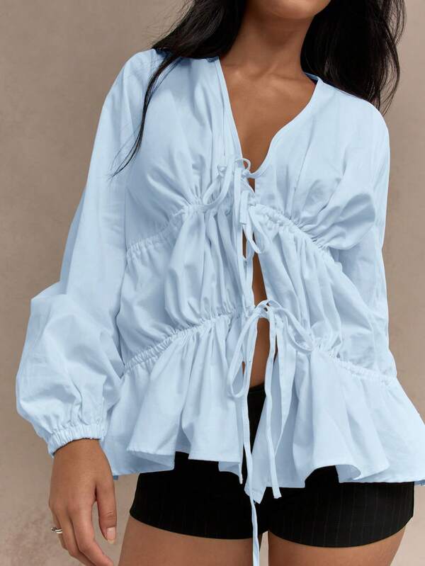 Missguided MISSGUIDED Ruched Front Long Balloon Sleeve Drawstring Blouse