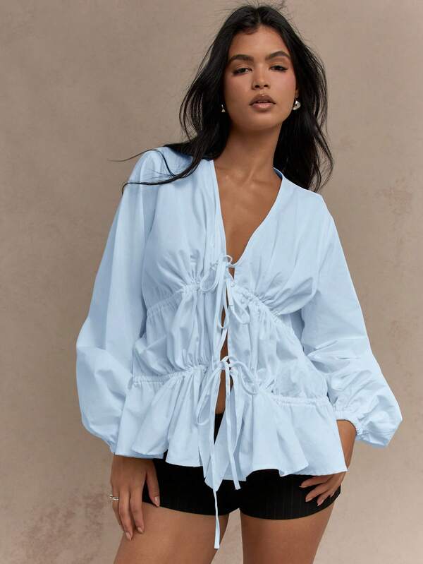 Missguided MISSGUIDED Ruched Front Long Balloon Sleeve Drawstring Blouse