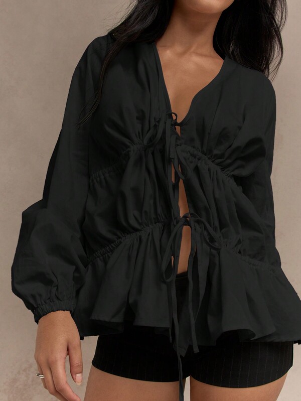 Missguided MISSGUIDED Ruched Front Tie Blouse With Balloon Sleeves