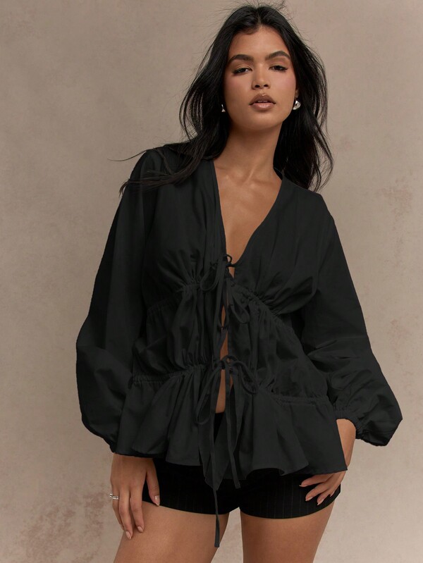 Missguided MISSGUIDED Ruched Front Tie Blouse With Balloon Sleeves