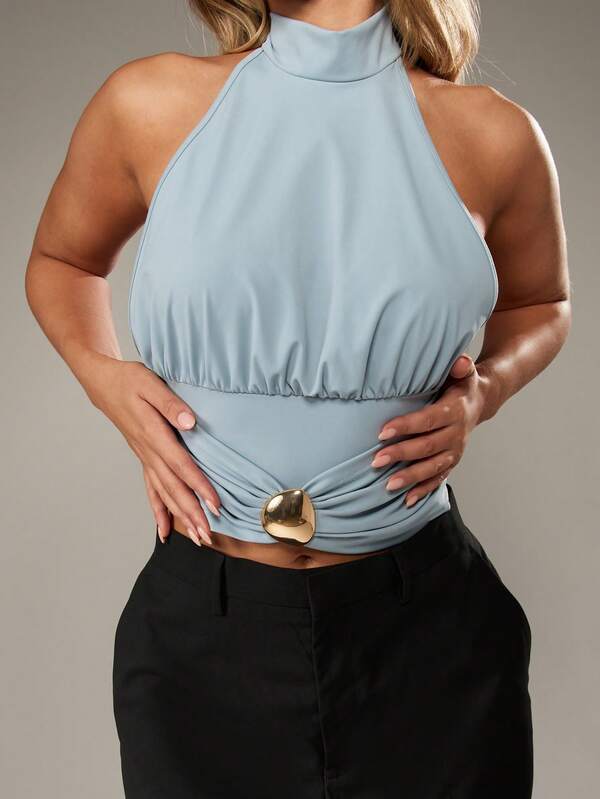 Missguided MISSGUIDED Ruched Halter Crop Top With Gold Buckle Detail
