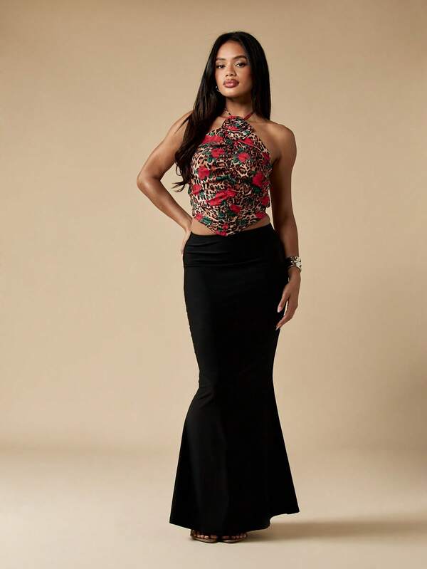 Missguided MISSGUIDED Ruched Halter Neck Leopard Rose Print Corset Top