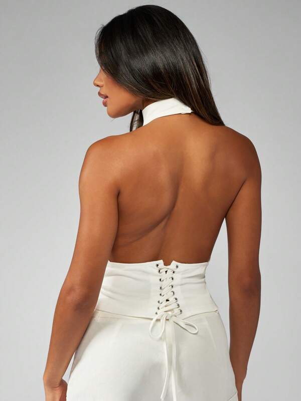 Missguided MISSGUIDED Ruched Halter Neck Sleeveless Fitted Cropped Tank Top