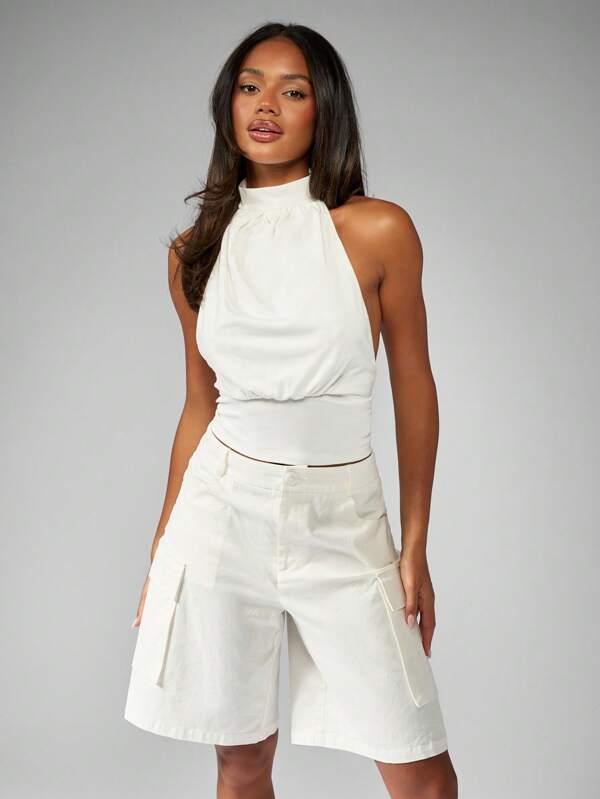 missguided MISSGUIDED Ruched Halter Neck Sleeveless Fitted Cropped Tank Top
