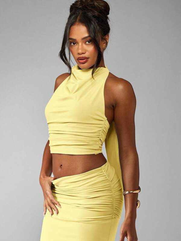 Missguided MISSGUIDED Ruched Halter Top With Floor Length Maxi Skirt