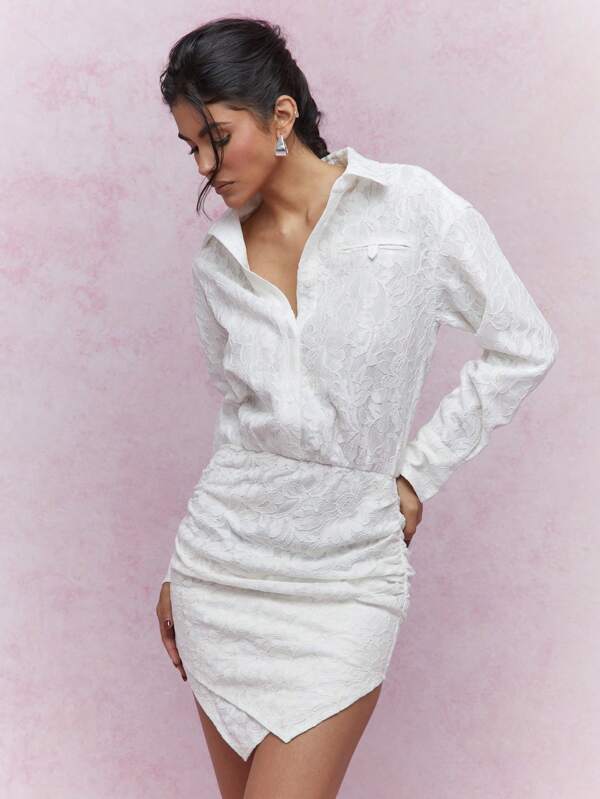 missguided MISSGUIDED Ruched Lace Wrap Dress Detail Shirt Mini Dress