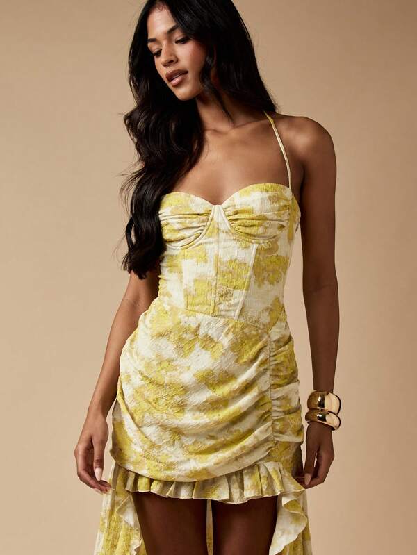 Missguided MISSGUIDED Ruched Maxi Dress With Corset Bodice And Ruffled High Low Hem