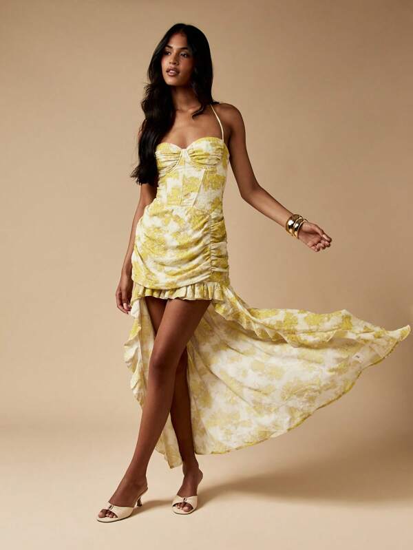 missguided MISSGUIDED Ruched Maxi Dress With Corset Bodice And Ruffled High Low Hem