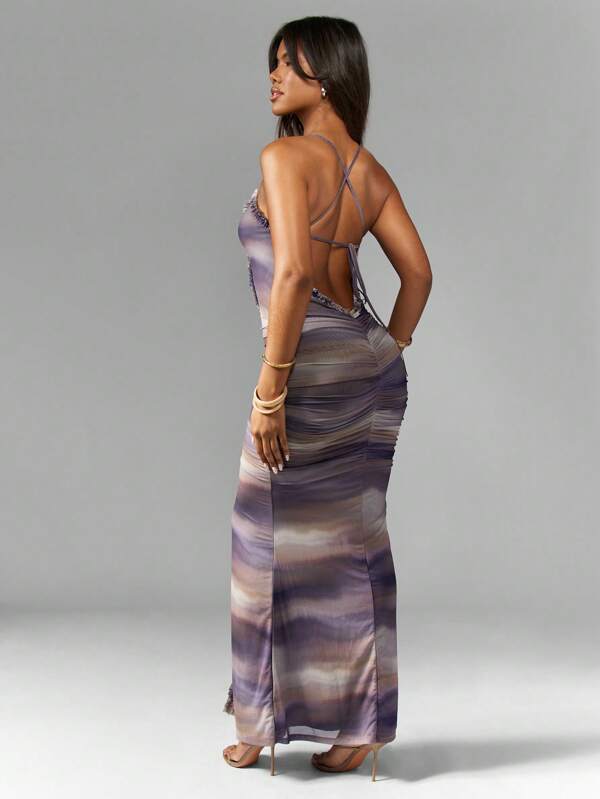 Missguided MISSGUIDED Ruched Mesh Cutout Halter Neck Maxi Dress