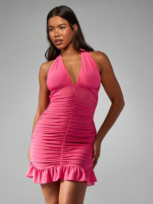 missguided MISSGUIDED Ruched Mesh Halter Neck Bodycon Flounce Hem Mini Dress
