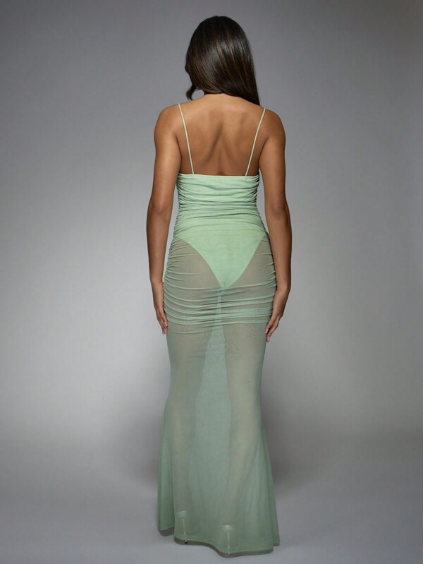 Missguided MISSGUIDED Ruched Mesh Maxi Evening Dress With Cowl Neck