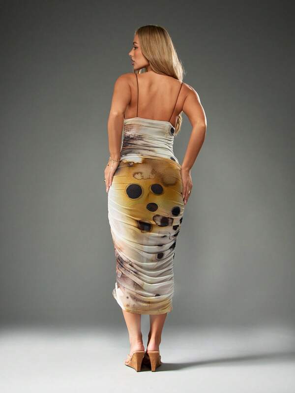 Missguided MISSGUIDED Ruched Mesh Midi Dress With Abstract Pattern