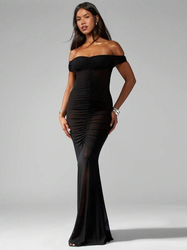 missguided MISSGUIDED Ruched Mesh Off Shoulder Maxi Dress