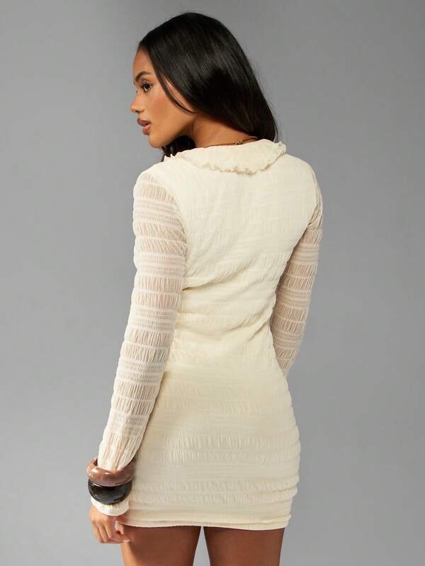 Missguided MISSGUIDED Ruched Mini Dress With Mesh Sleeves And Ruffle Trim