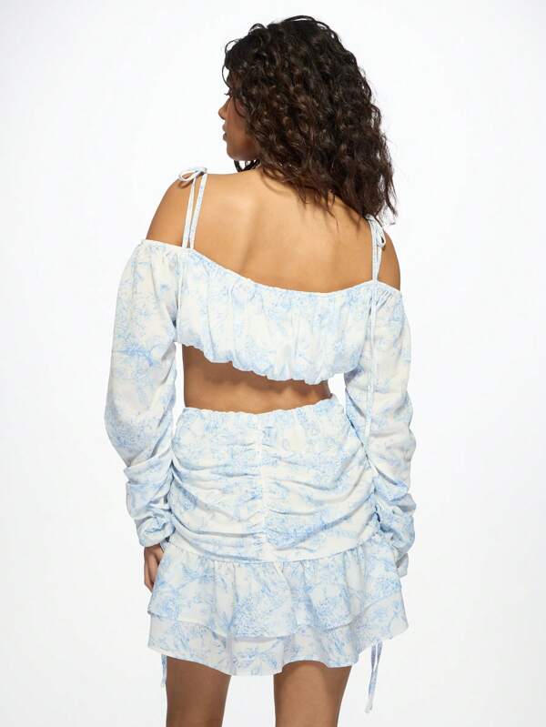 Missguided MISSGUIDED Ruched Mini Skirt Off-Shoulder Crop Top Two-Piece Outfits