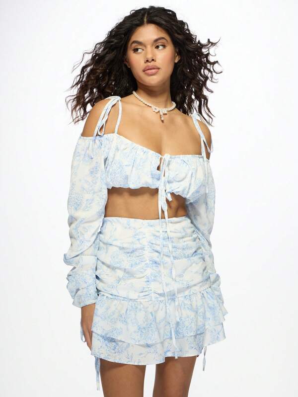 missguided MISSGUIDED Ruched Mini Skirt Off-Shoulder Crop Top Two-Piece Outfits