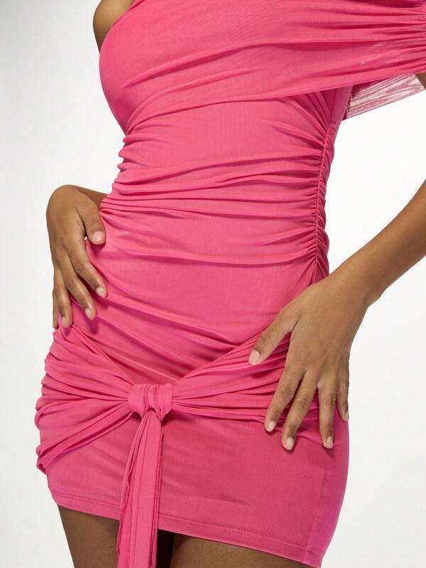 Missguided MISSGUIDED Ruched Off-Shoulder Bodycon Draped Side Tie Mini Dress