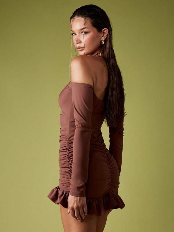 Missguided MISSGUIDED Ruched Off Shoulder Bodycon Dress With Frill Hem