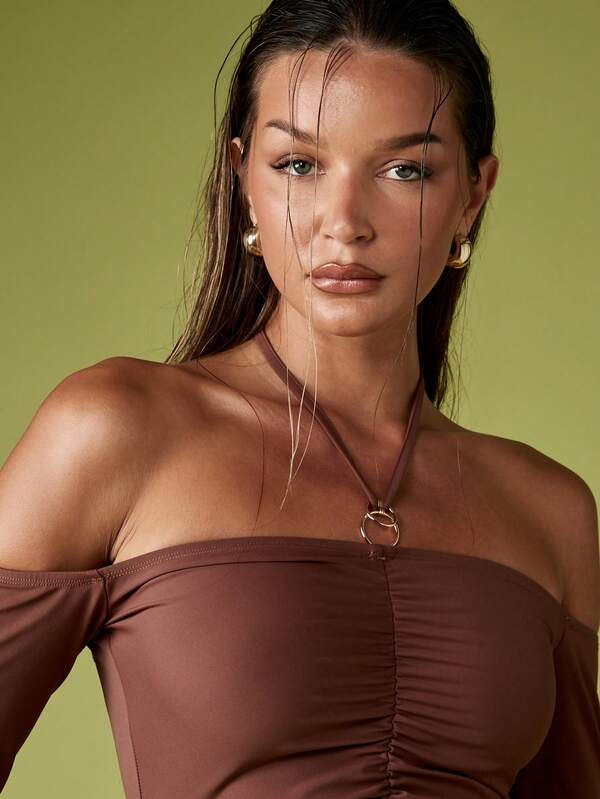 Missguided MISSGUIDED Ruched Off Shoulder Bodycon Dress With Frill Hem