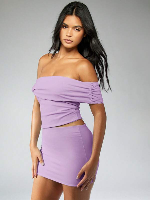 Missguided MISSGUIDED Ruched Off Shoulder Crop Top Mini Skirt Two-Piece Outfit