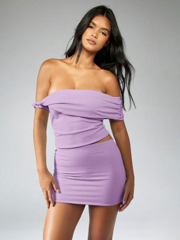 missguided MISSGUIDED Ruched Off Shoulder Crop Top Mini Skirt Two-Piece Outfit