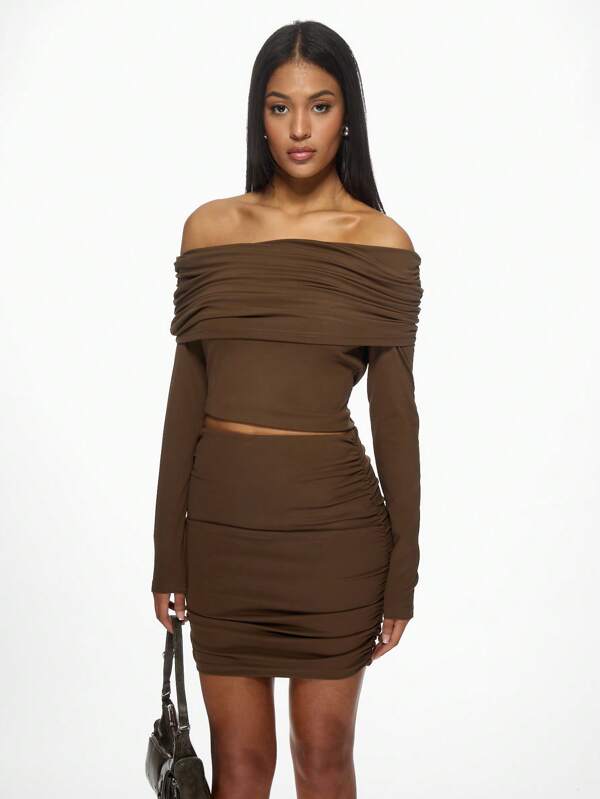 missguided MISSGUIDED Ruched Off-Shoulder Long Sleeve Bodycon Crop Top Mini Skirt Set