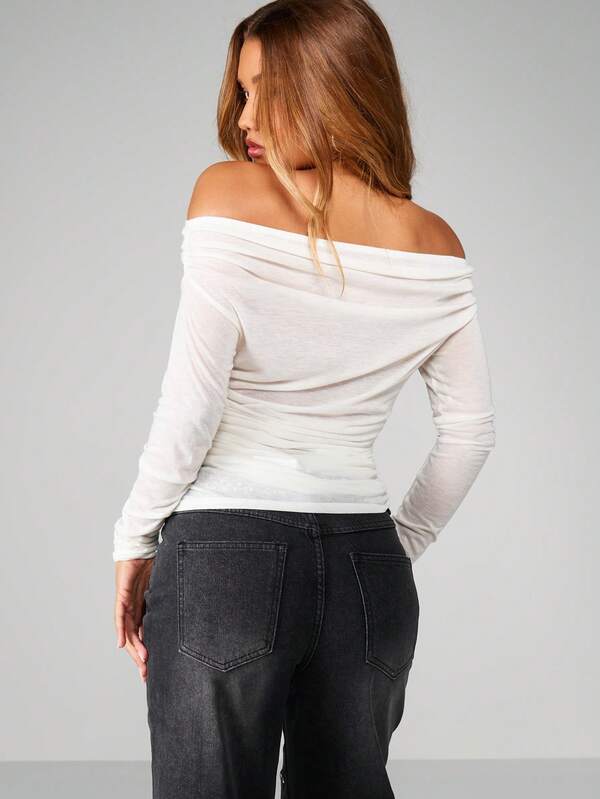 Missguided MISSGUIDED Ruched Off Shoulder Long Sleeve Crop Top