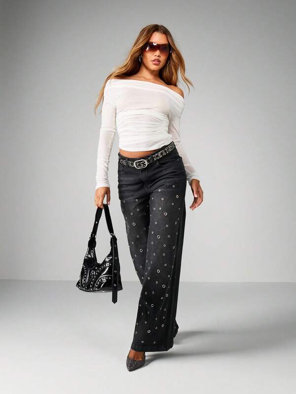 Missguided MISSGUIDED Ruched Off Shoulder Long Sleeve Crop Top