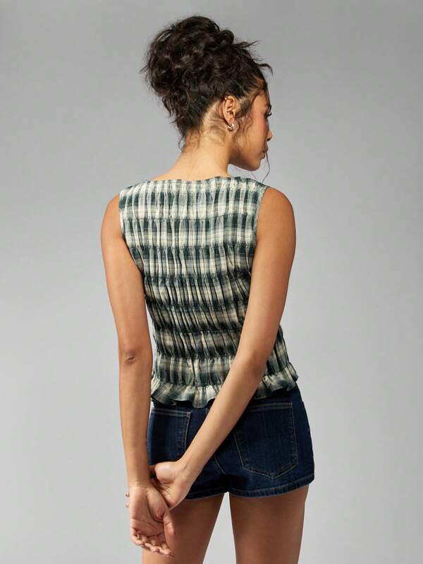 Missguided MISSGUIDED Ruched Plaid Sleeveless Cropped Gathered Design Top