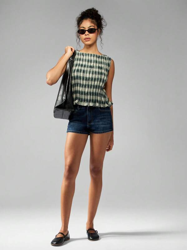 Missguided MISSGUIDED Ruched Plaid Sleeveless Cropped Gathered Design Top