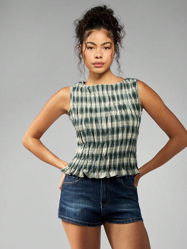 Missguided MISSGUIDED Ruched Plaid Sleeveless Cropped Gathered Design Top