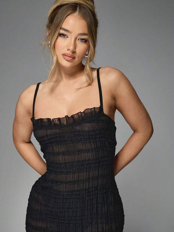 Missguided MISSGUIDED Ruched Sheer Mini Dress With Spaghetti Straps