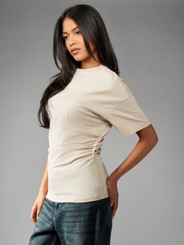 Missguided MISSGUIDED Ruched Side Detail Cotton Blend Women T-Shirt