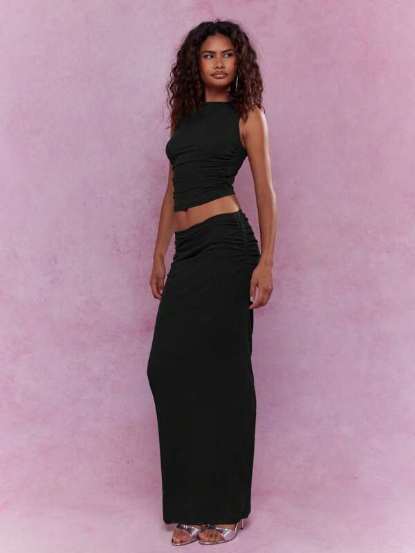 missguided MISSGUIDED Ruched Side Tank Top Maxi Skirt Two Piece Outfit