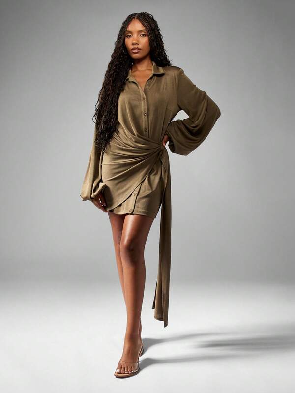 Missguided MISSGUIDED Ruched Side Wrap Button Down Mini Dress