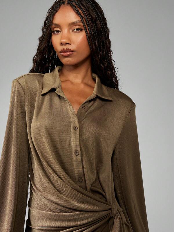 Missguided MISSGUIDED Ruched Side Wrap Button Down Mini Dress