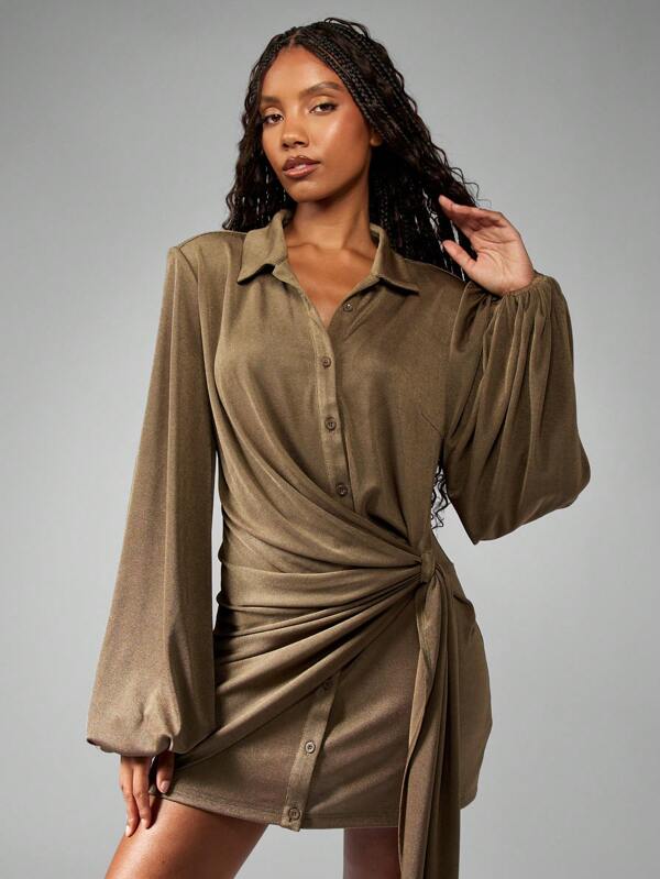 missguided MISSGUIDED Ruched Side Wrap Button Down Mini Dress