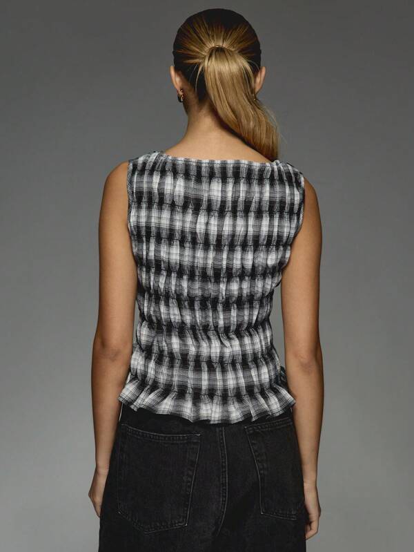 Missguided MISSGUIDED Ruched Sleeveless Peplum Top With Checkered Pattern