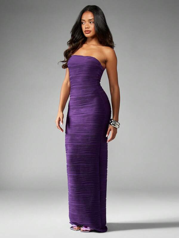 Missguided MISSGUIDED Ruched Strapless Bandeau Pleated Bodycon Full Length Maxi Dress