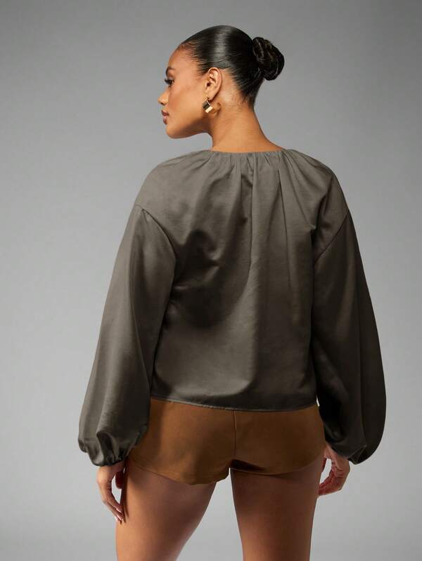 Missguided MISSGUIDED Ruched V Neck Balloon Sleeve Blouse With Gathered Detail