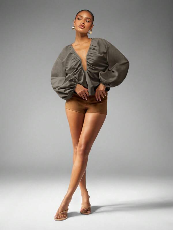 Missguided MISSGUIDED Ruched V Neck Balloon Sleeve Blouse With Gathered Detail