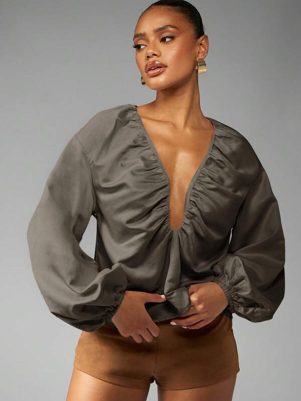 missguided MISSGUIDED Ruched V Neck Balloon Sleeve Blouse With Gathered Detail