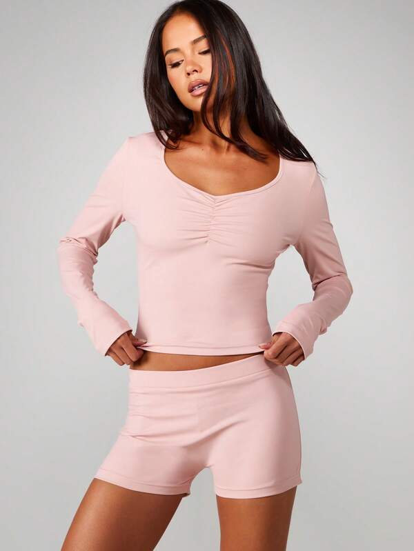 missguided MISSGUIDED Ruched V Neck Long Sleeve Lounge Set