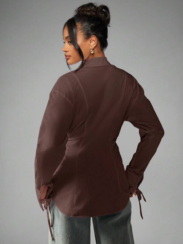 Missguided MISSGUIDED Ruched Waist Button Down Shirt With Tie Cuffs