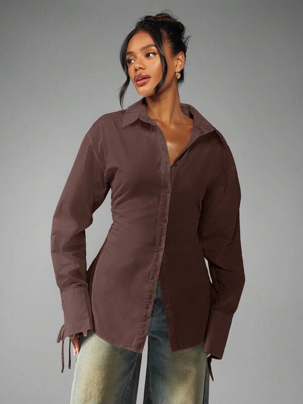 Missguided MISSGUIDED Ruched Waist Button Down Shirt With Tie Cuffs