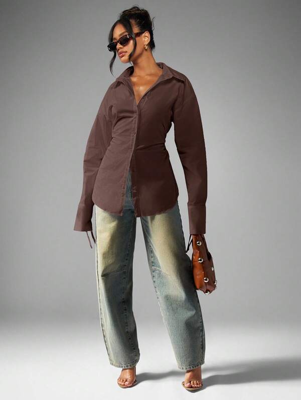 Missguided MISSGUIDED Ruched Waist Button Down Shirt With Tie Cuffs